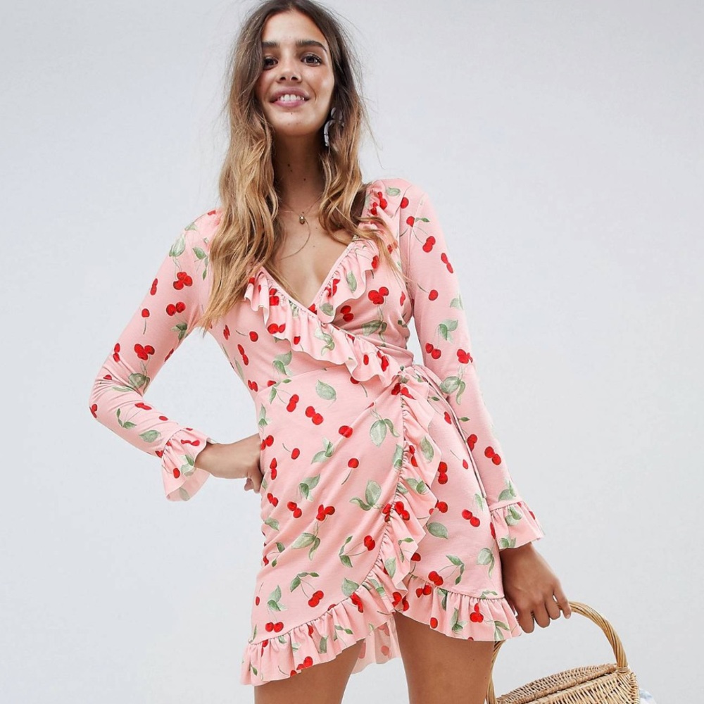 NWT ASOS DESIGN Mini Wrap Dress with frill detail in cherry pink